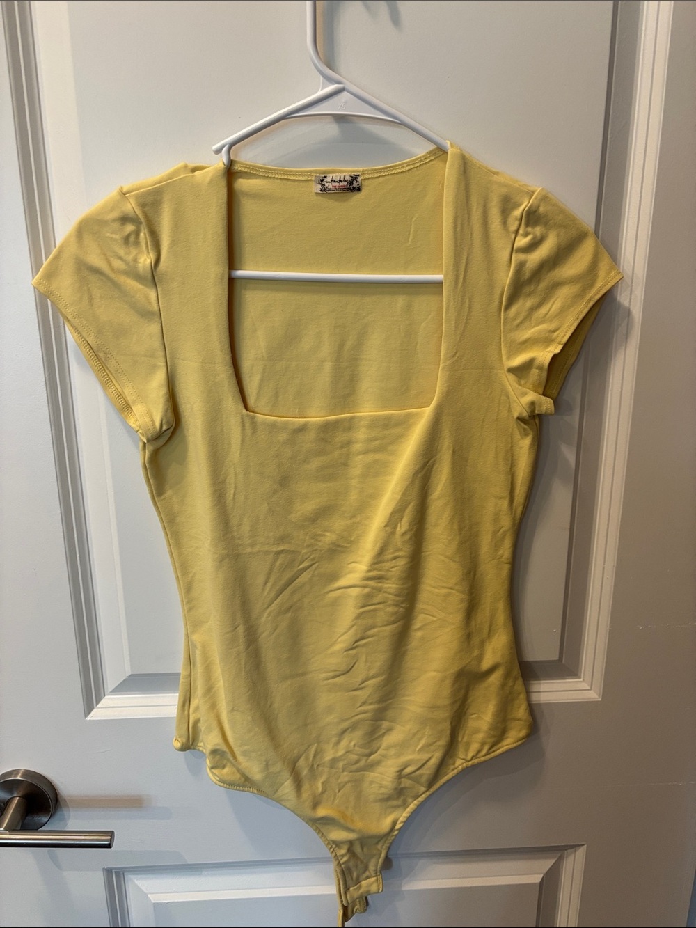 Free People Pale Yellow Square Neck Short Sleeve Bodysuit